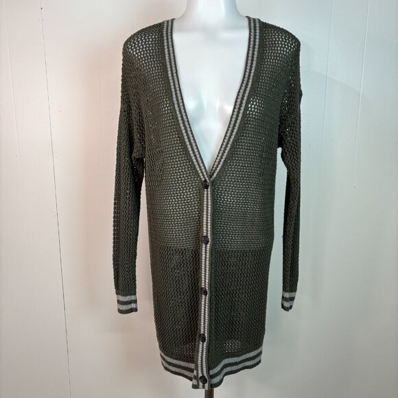 American Eagle Cardigan Medium Green Longline Varsity Open-Knit Sweater Cotton - Picture 1 of 8